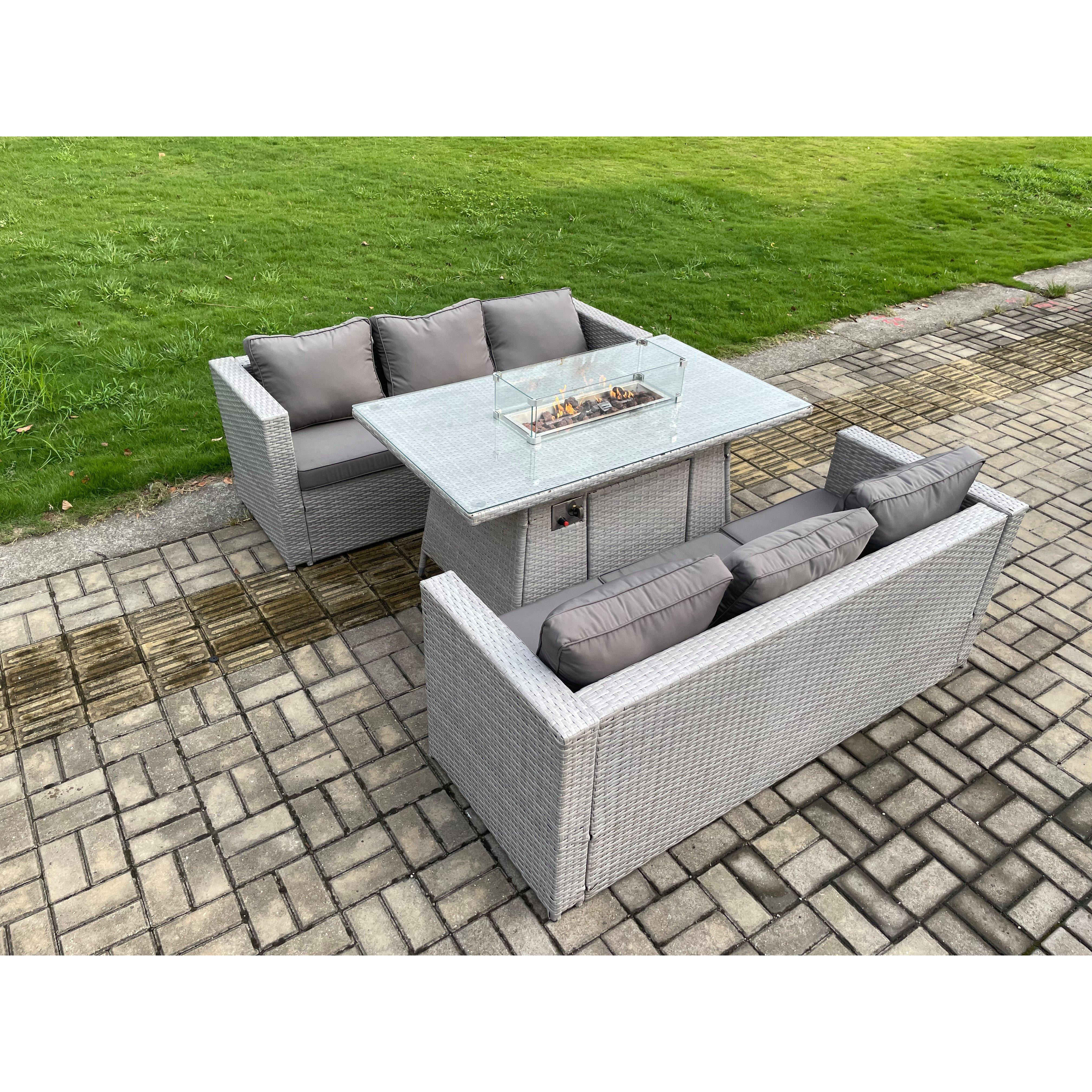 Outdoor Garden Dining Sets Rattan Furniture Gas Fire Pit Dining Table Gas Heater Light Grey - image 1