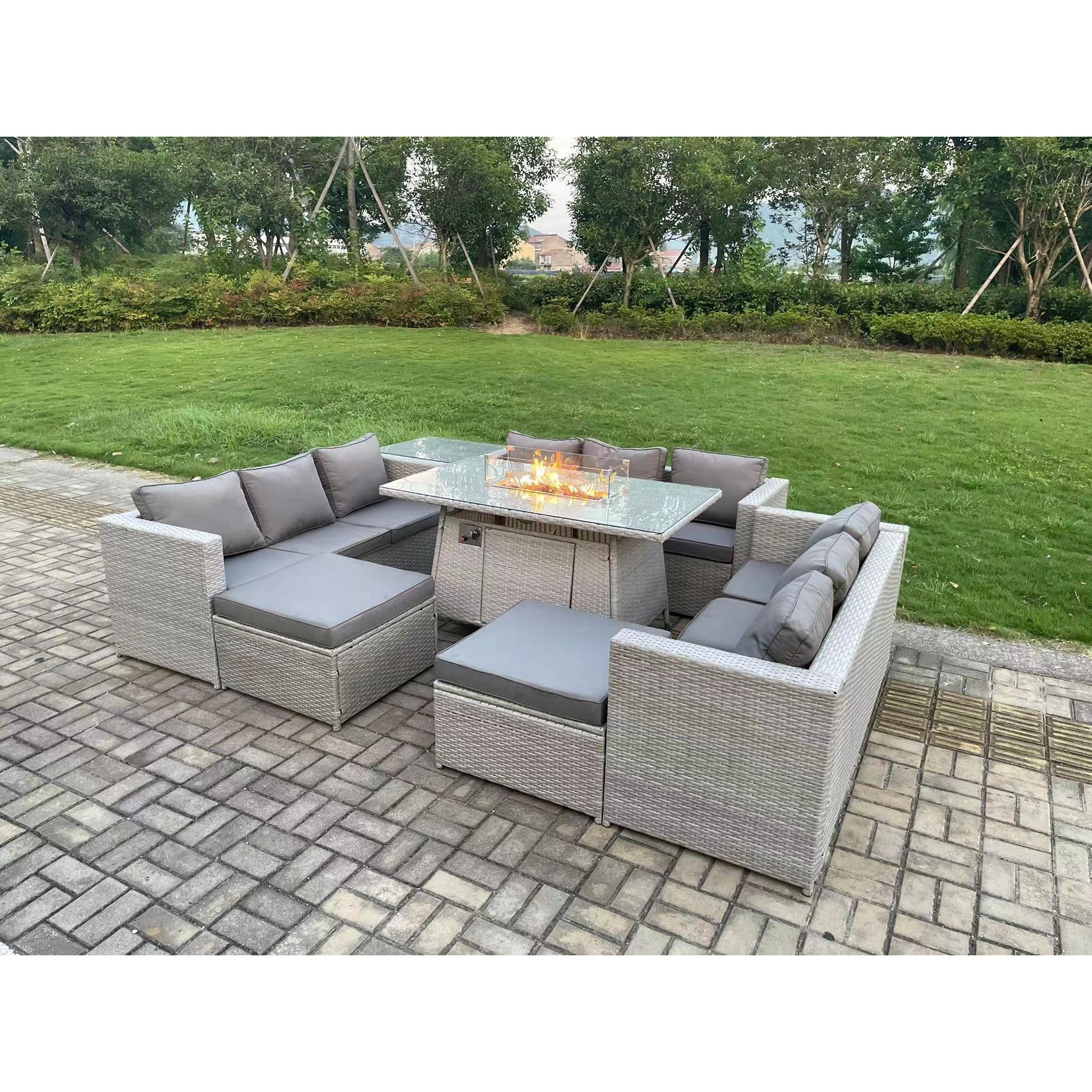 11 Seater Outdoor Garden Dining Sets Rattan Furniture Gas Fire Pit Dining Table Gas Heater with Side Table - image 1