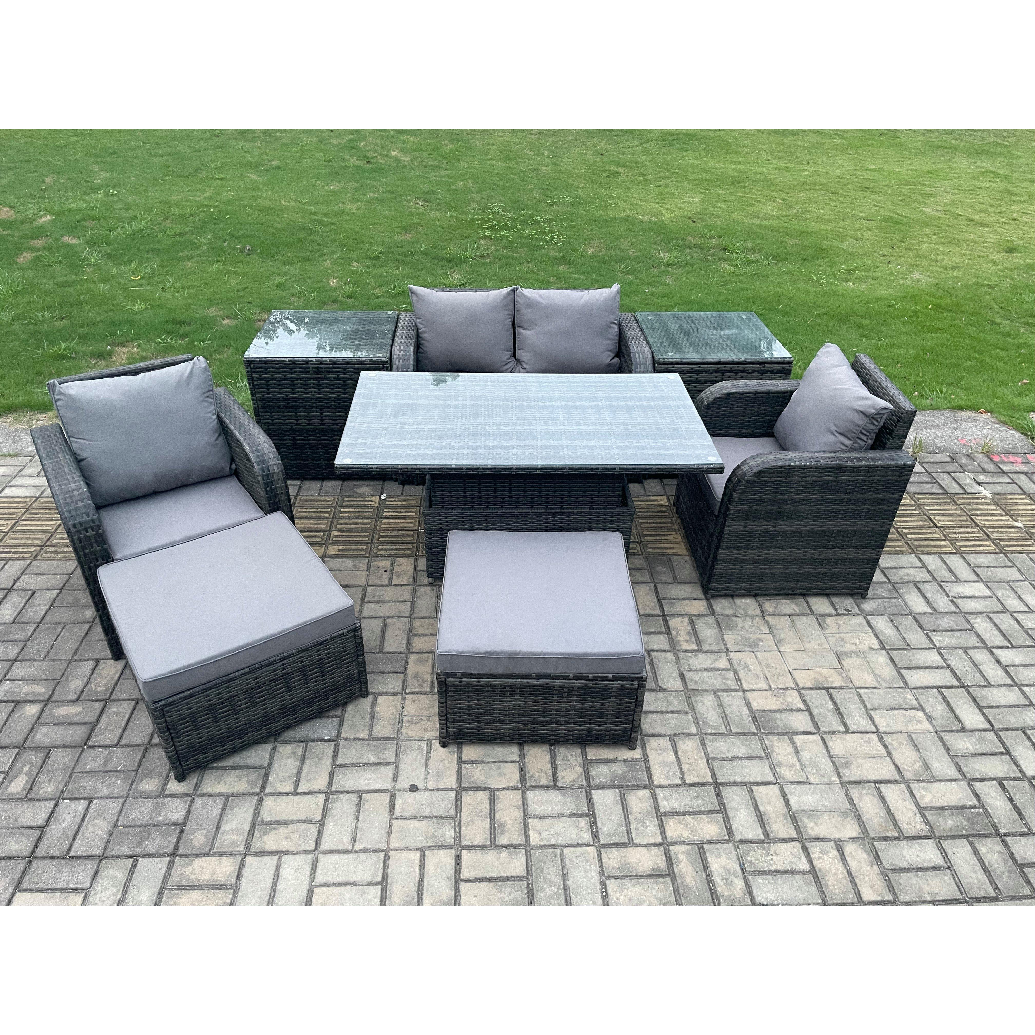 Rattan Furniture Outdoor Garden Dining Sets Patio Height Adjustable Rising lifting Table Love Sofa With Stools - image 1