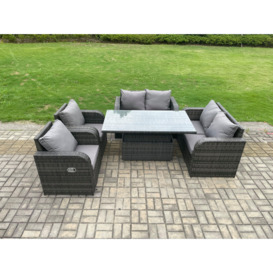 Rattan Furniture Outdoor Garden Dining Set Patio Height Adjustable Rising lifting Table Love Sofa Chair Set - thumbnail 2