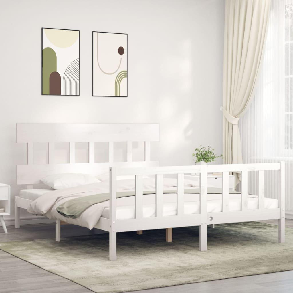 Bed Frame with Headboard White King Size Solid Wood - image 1