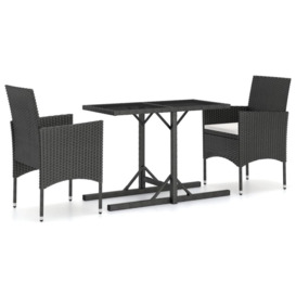 3 Piece Garden Dining Set Poly Rattan and Tempered Glass Black - thumbnail 2