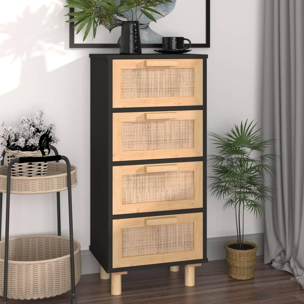 Sideboard Black 40x30x90 cm Solid Wood Pine and Natural Rattan - image 1