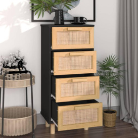 Sideboard Black 40x30x90 cm Solid Wood Pine and Natural Rattan - thumbnail 3