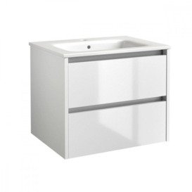 White Bathroom 2-Drawer Wall Hung Unit with Basin 60cm Wide - thumbnail 1