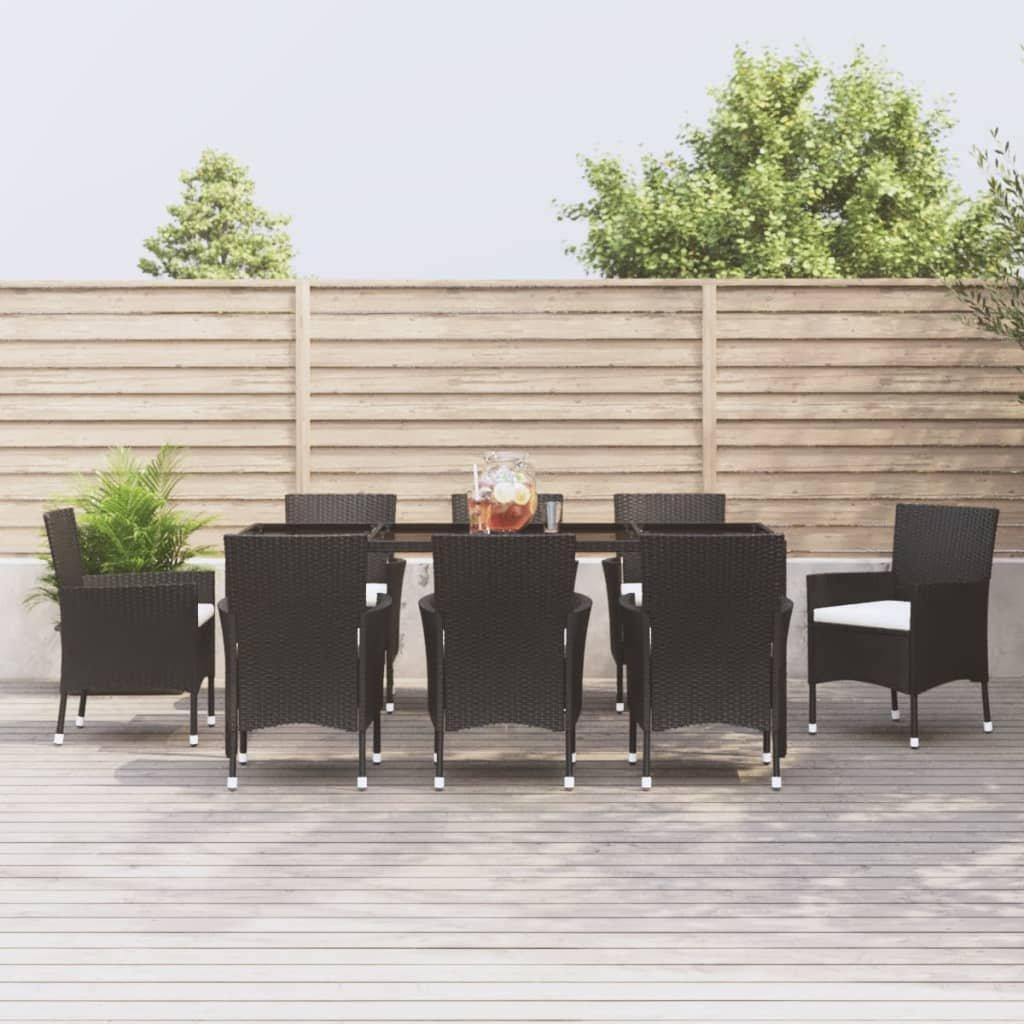 9 Piece Garden Dining Set with Cushions Black Poly Rattan - image 1