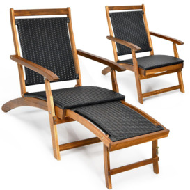 Folding Acacia Wood Lounge Chair with Retractable Footrest