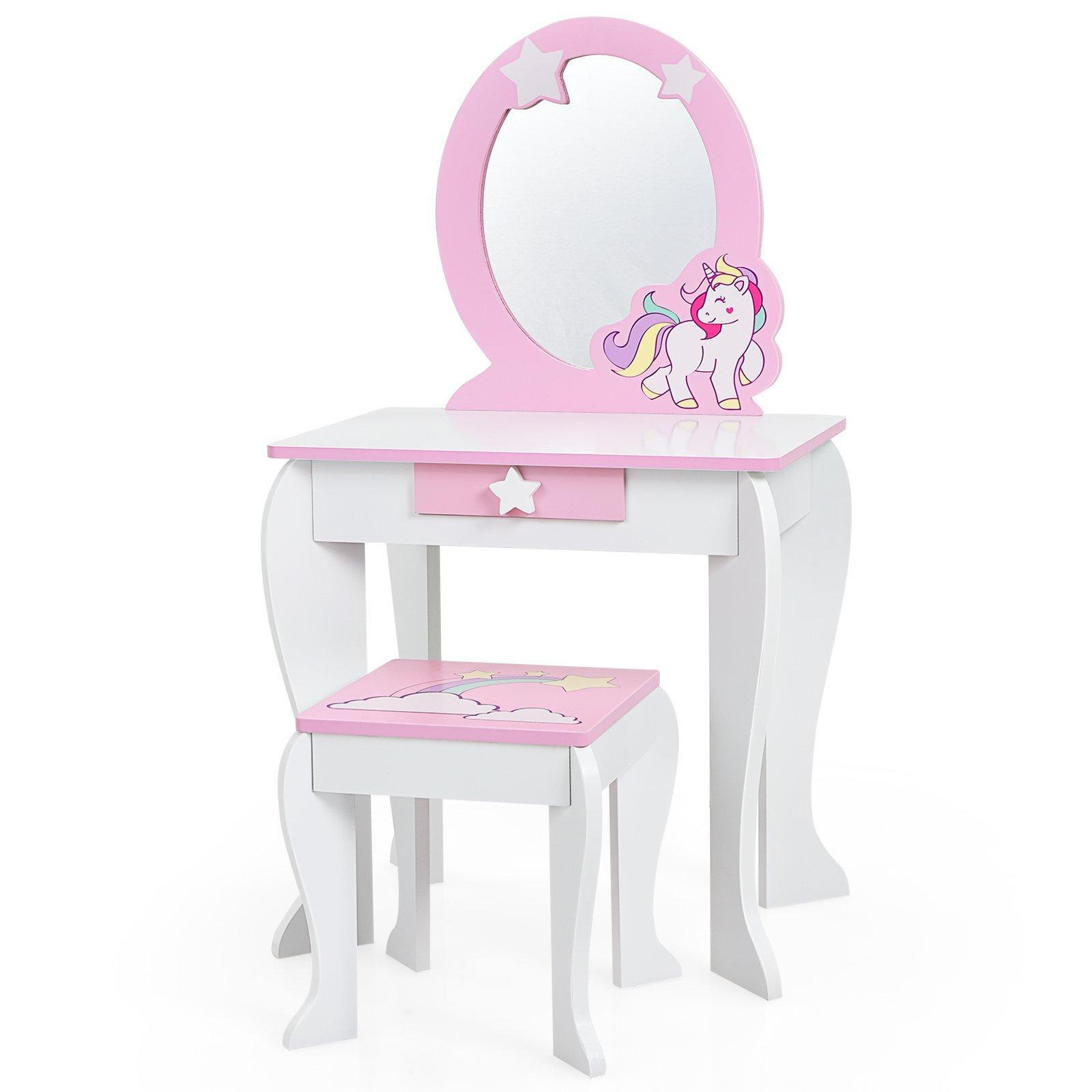 Kids Vanity Table and Chair Set Children Makeup Dressing Table w/ Mirror & Stool - image 1