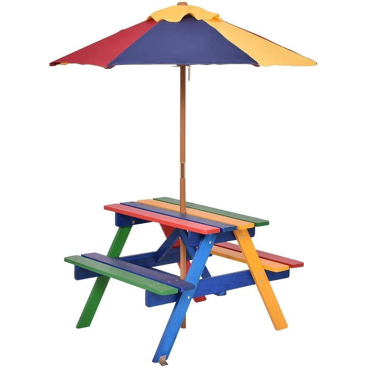 Garden Children Picnic Table Bench w/ Umbrella Outdoor Kids Wooden Rainbow Parasol Set - image 1
