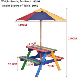 Garden Children Picnic Table Bench w/ Umbrella Outdoor Kids Wooden Rainbow Parasol Set - thumbnail 2