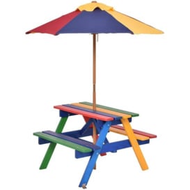 Garden Children Picnic Table Bench w/ Umbrella Outdoor Kids Wooden Rainbow Parasol Set - thumbnail 1
