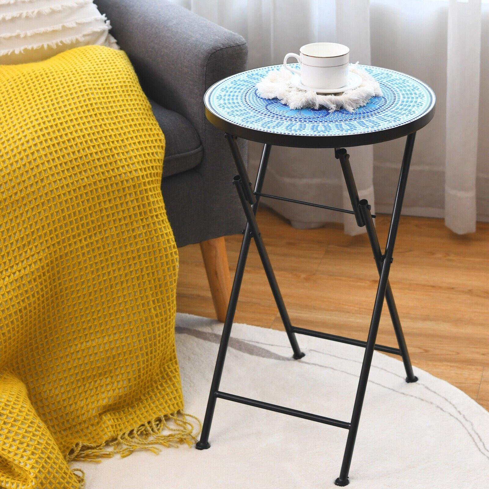 Folding Mosaic Side Table Round Bistro End Table W/ Ceramic Tile Top Plant Stand - image 1