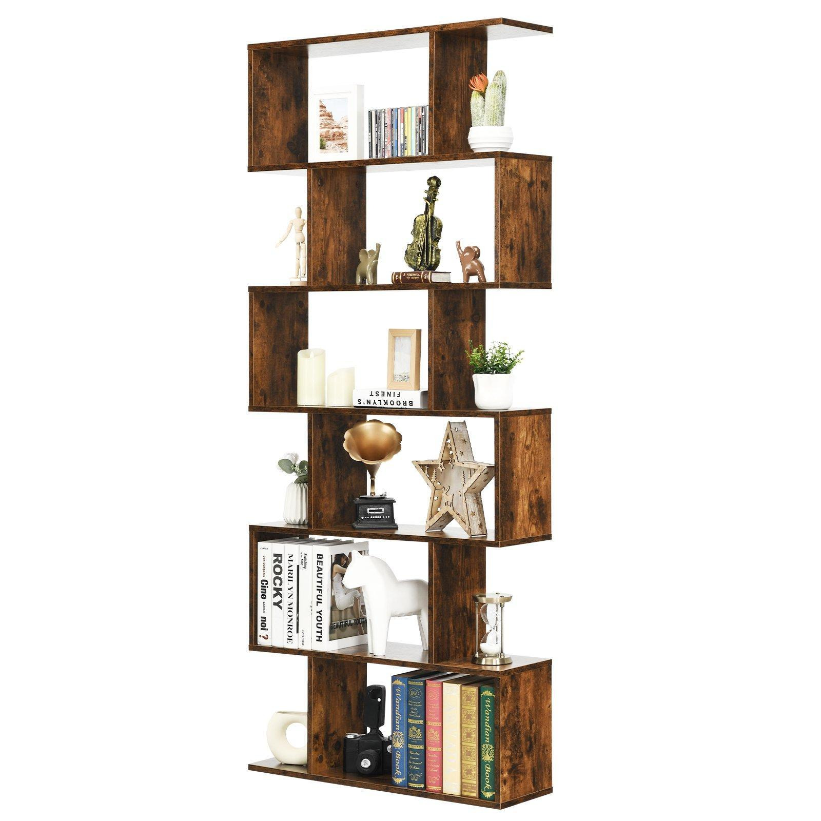 6-tier Bookcase Industrial S-Shaped Bookshelf Wooden Storage Display Rack - image 1