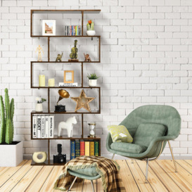 6-tier Bookcase Industrial S-Shaped Bookshelf Wooden Storage Display Rack - thumbnail 3