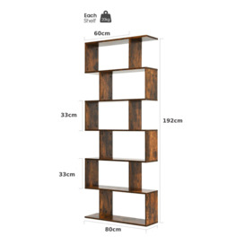 6-tier Bookcase Industrial S-Shaped Bookshelf Wooden Storage Display Rack - thumbnail 2