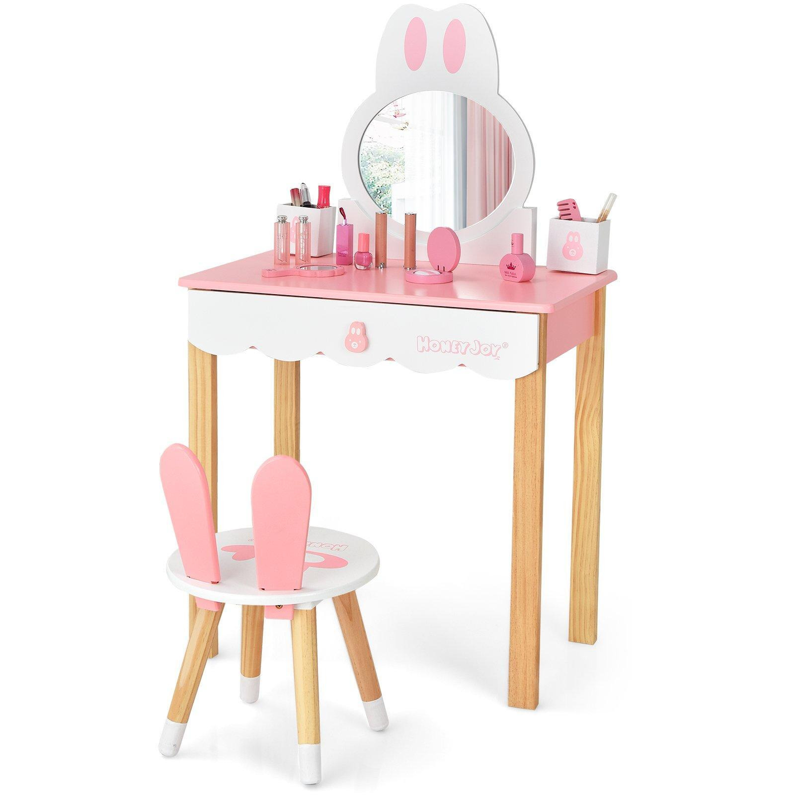Kids Vanity Table and Chair Set Pretend Makeup Dressing Table W/ Mirror & Drawer - image 1