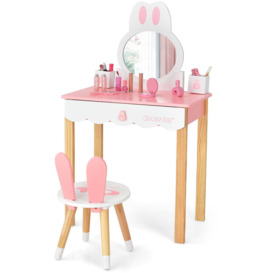 Kids Vanity Table and Chair Set Pretend Makeup Dressing Table W/ Mirror & Drawer