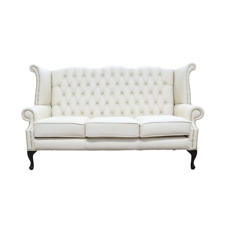 Chesterfield 3 Seater Queen Anne High Back Wing Sofa Cottonseed&hellip