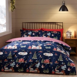 Catherine Lansfield Christmas Ski Village Duvet Set - Blue - King