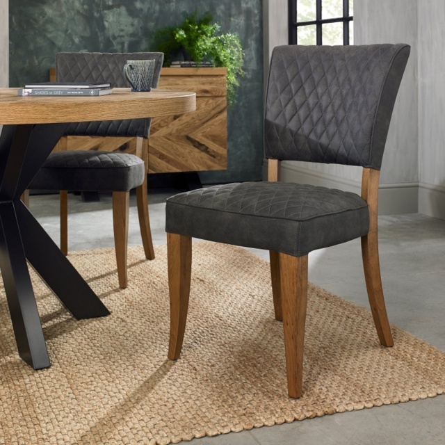 Winnipeg Rustic Oak Dining Chair Pair With Diamond Stitched Seat/Back - Dark Grey Fabric - image 1