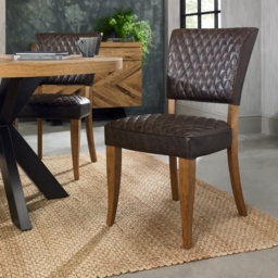 Winnipeg Rustic Oak Dining Chair Pair With Diamond Stitched Seat/Back - Dark Grey Fabric - thumbnail 2