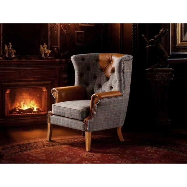 Yale Wing Armchair in Tweed with Tan Leather Trims - image 1