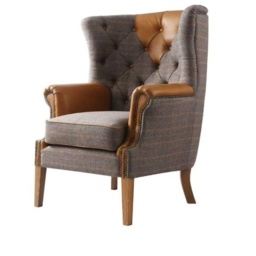 Yale Wing Armchair in Tweed with Tan Leather Trims - thumbnail 3