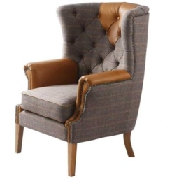 Yale Wing Armchair in Tweed with Tan Leather Trims - thumbnail 6