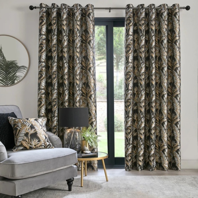 LLB Paradise Palm Pair of Eyelet Curtains - Black - W 66 x 90 - image 1