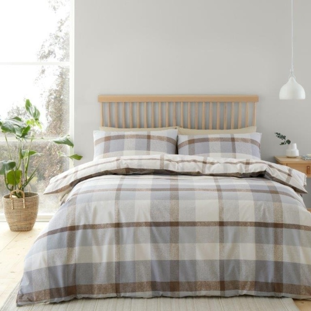Catherine Lansfield Brushed Cotton Check Natural Duvet Set - Double - image 1