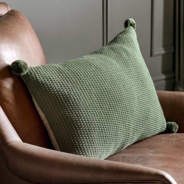 Moss Stitch PomPom Filled Cushion - Olive - image 1
