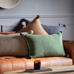 Moss Stitch PomPom Filled Cushion - Olive - thumbnail 7