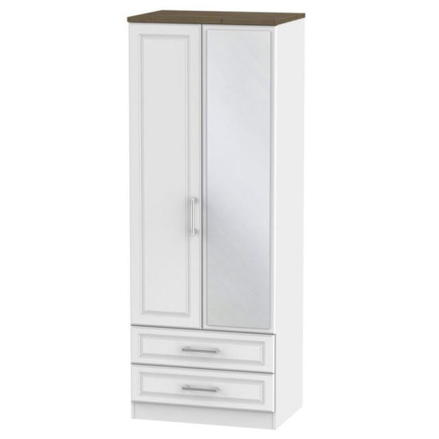 Kent 2 Door 2 Drawer Mirrored Wardrobe - White Ash and Oak - image 1