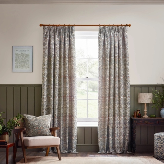Morris and Co Strawberry Thief Jacquard Pencil Pleat Curtains - Biscuit - 228cm x 182cm - image 1