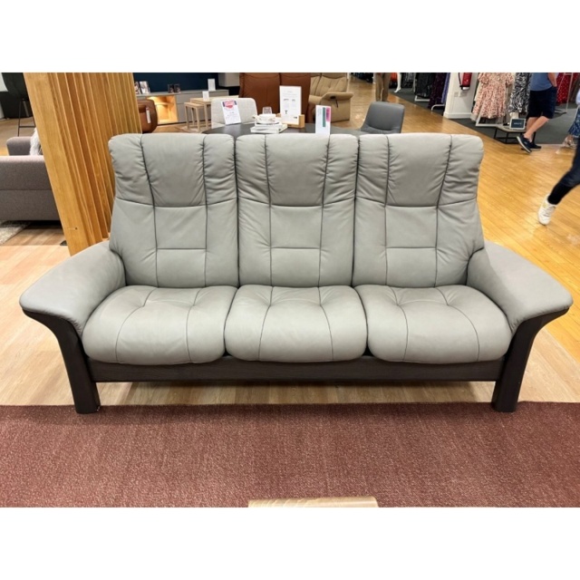 Stressless Windsor High Back 3 Seater Sofa in Silver Grey Leather with Grey Stain Wood - Silver Grey/Grey Wood - image 1