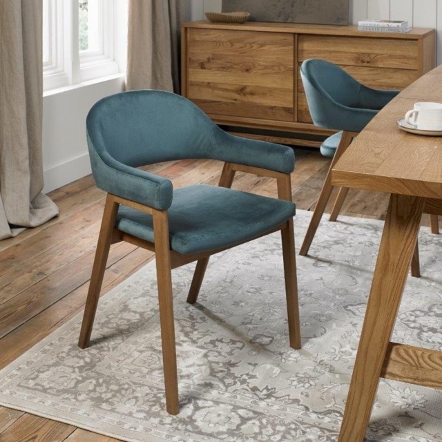 Brandon Rustic Oak Upholstered Arm Chair Pair - Azure Velvet - image 1