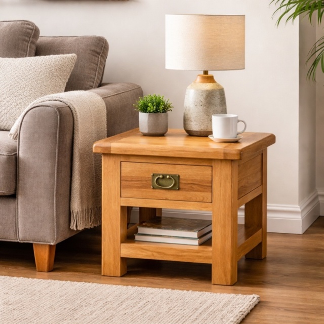 Ascot Rustic Oak Square Lamp Table With Drawer - image 1