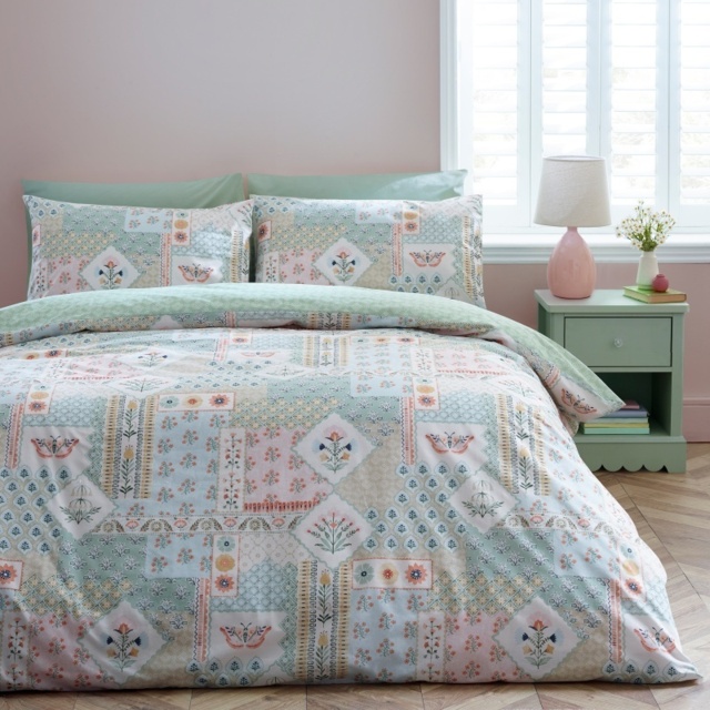 Catherine Lansfield Folk Patchwork Duvet Set - Green - Single - image 1
