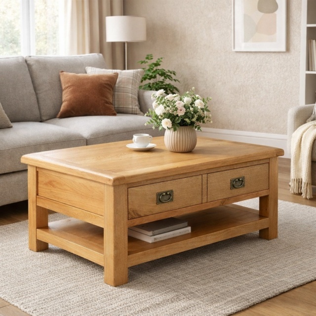 Ascot Rustic Oak Rectangular Large Coffee Table With Drawer and Shelf - image 1