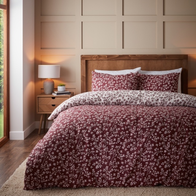 Catherine Lansfield Brushed Grace Floral Leaf Duvet Set - Red - Single - image 1