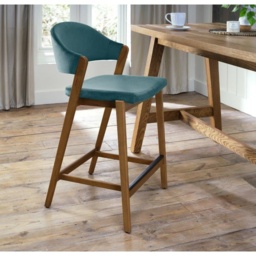 Brandon Rustic Oak Upholstered Bar Stool - Azure Velvet - thumbnail 1