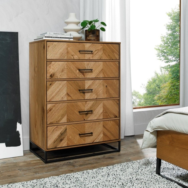 Vaughan Chevron Oak 5 Drawer Tall Chest - image 1