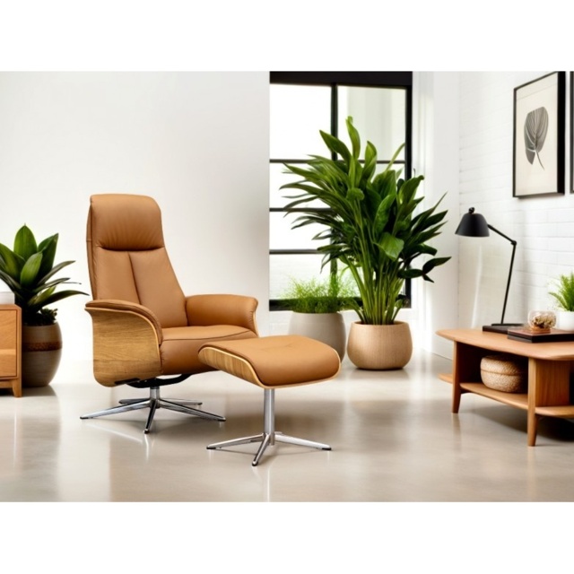 G Plan Skara Manual Recliner Chair and Stool Set - Leather Grade L - Dark Wood - Black Base - image 1