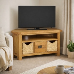 Ascot Rustic Oak Corner TV Unit With Baskets - thumbnail 1
