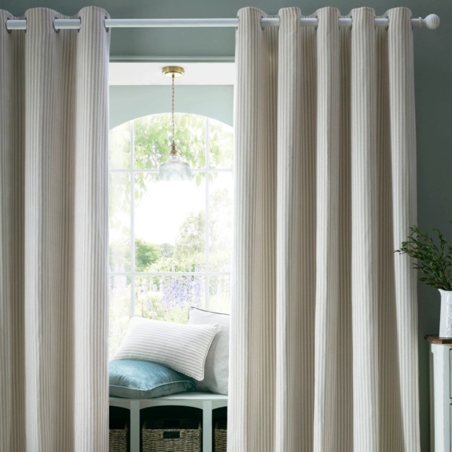 Laura Ashley Cornish Chenille Stripe Lined Eyelet Curtains - Natural - W 88 x D 72 - image 1