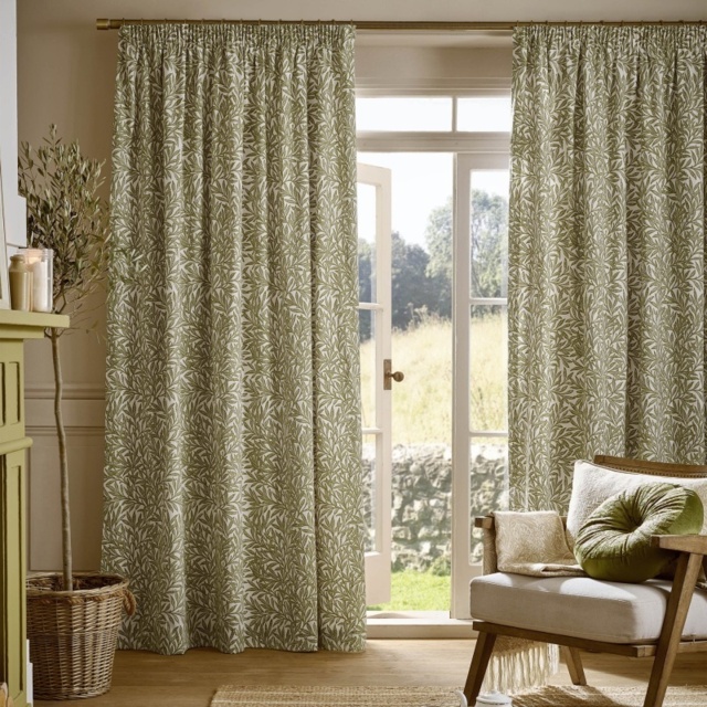 William Morris at Home Original Willow Lined Pencil Pleat Curtains - Olive - W 90 x D 90 - image 1