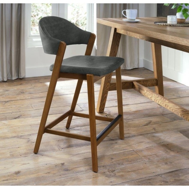 Brandon Rustic Oak Upholstered Bar Stool - Dark Grey Fabric - image 1