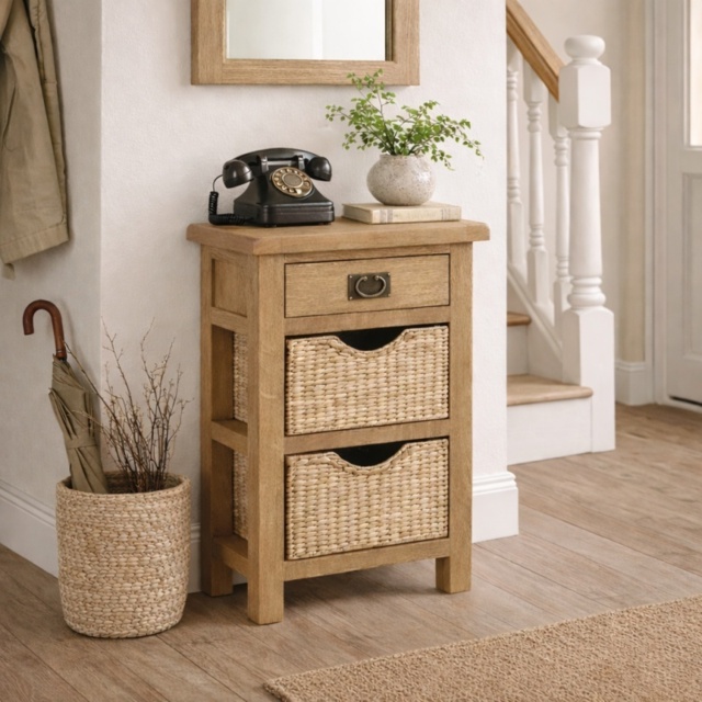 Ascot Rustic Oak Telephone Table With Baskets - image 1