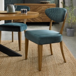 Winnipeg Rustic Oak Upholstered Dining Chair Pair With Gently Flared Backs - Azure Velluto Velvet - thumbnail 1