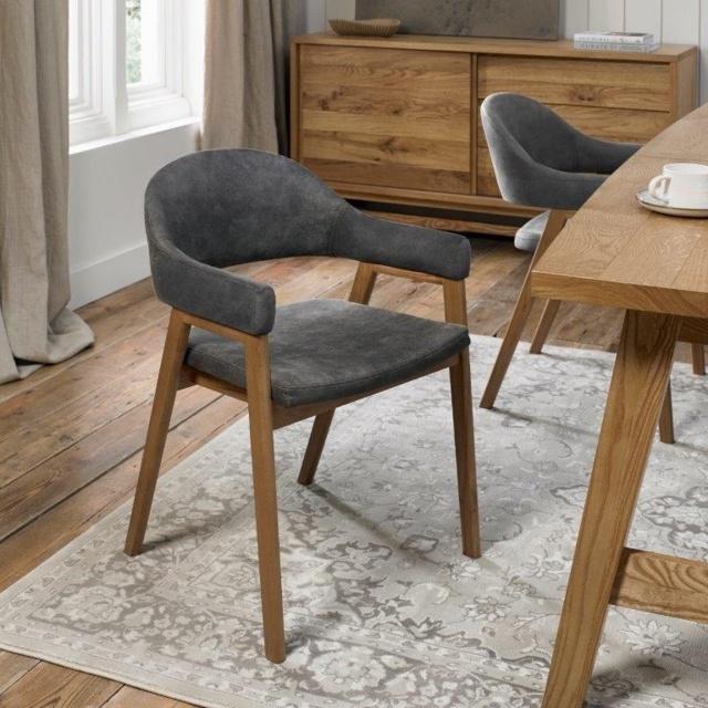 Brandon Rustic Oak Upholstered Arm Chair Pair - Dark Grey Fabric - image 1